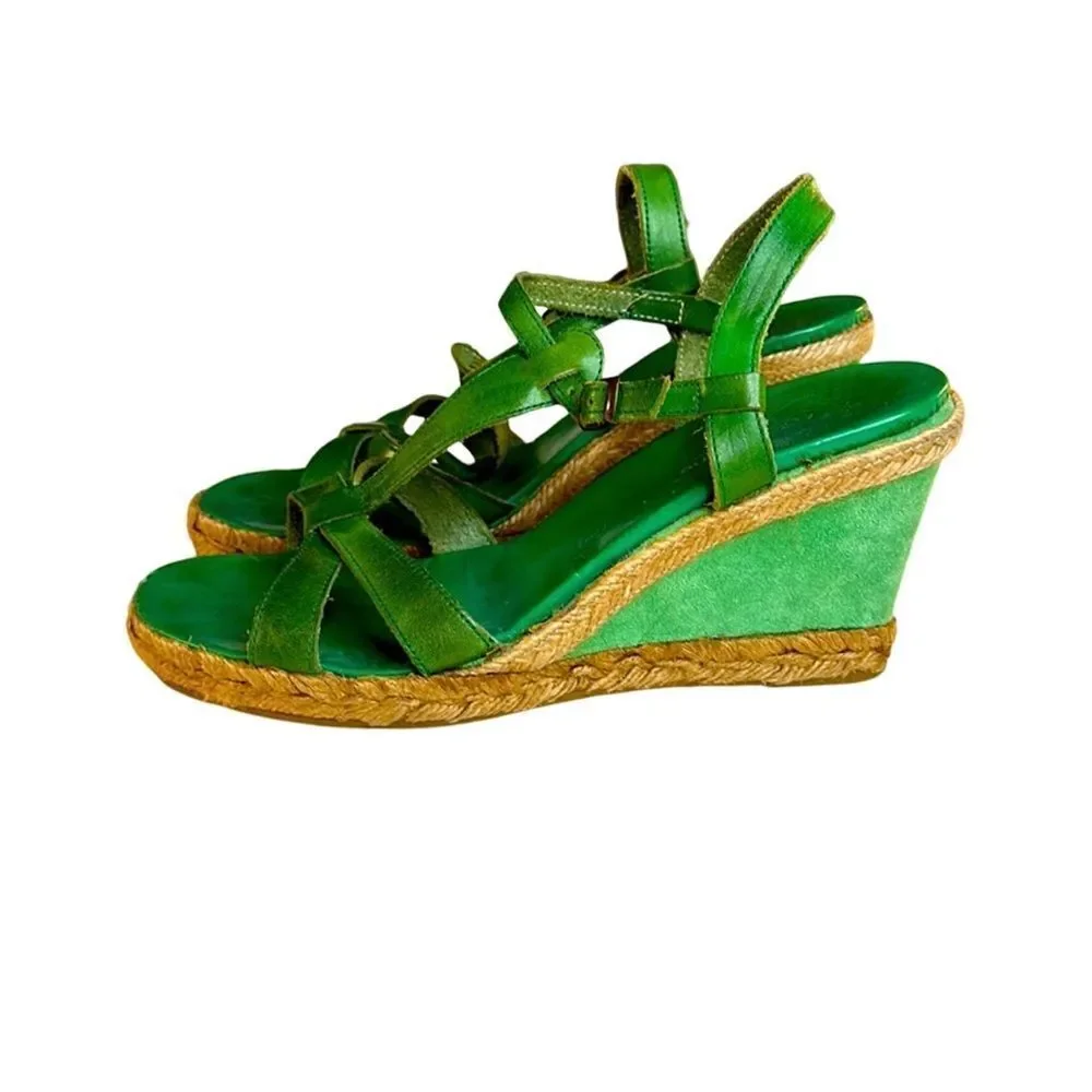 Marina Luna Vintage Green Leather T-Strap Espadrille